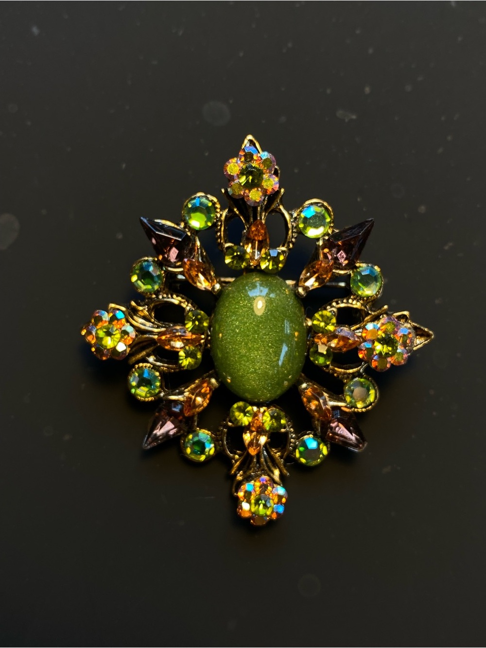 Vintage Olive Green Cabochon With Rhinestone Array Brooch